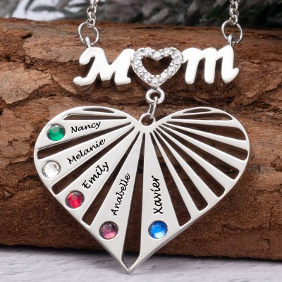 Collier Coeur de Maman Personnalisé avec Nom et Pierre de Naissance des Enfants