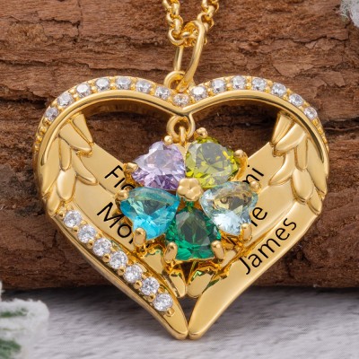 Collier Coeur Ailes d'Ange Personnalisé 1-6 Noms et Pierre de Naissance