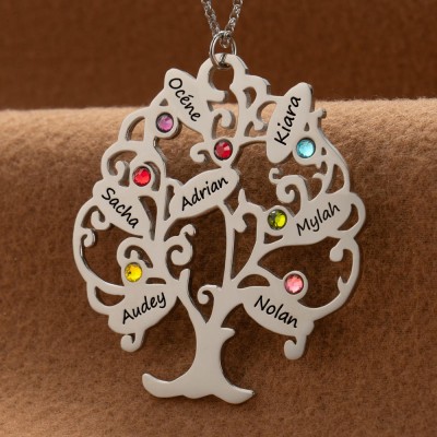 Collier personnalisé avec nom d'arbre généalogique de vie avec pierre de naissance pour idées cadeaux pour la fête des mères