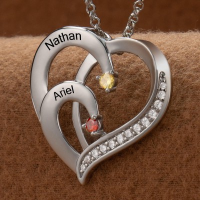 Collier personnalisé en forme de cœur avec noms de couple, avec pierres de naissance, cadeaux de saint-valentin