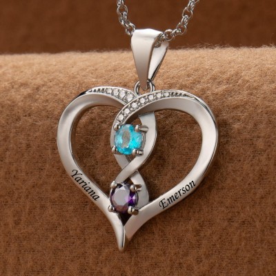Collier personnalisé en forme de cœur avec noms de couple, avec pierres de naissance, cadeaux de saint-valentin