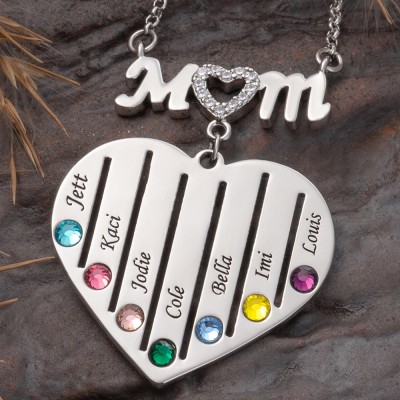 Collier Coeur Maman Personnalisé Avec Prénoms et Pierres de Naissance Enfants