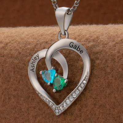 Collier personnalisé en forme de cœur avec noms de couple, avec pierres de naissance, cadeaux de saint-valentin
