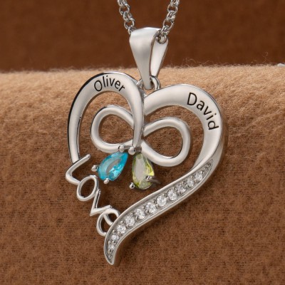 Collier personnalisé en forme de cœur avec noms de couple, avec pierres de naissance, cadeaux de saint-valentin