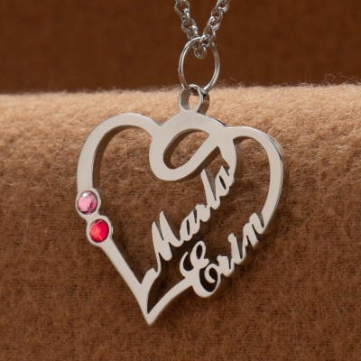 Collier personnalisé en forme de cœur avec noms de couple, avec pierres de naissance, cadeaux de saint-valentin