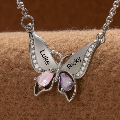 Collier papillon personnalisé avec noms de couple, avec pierres de naissance, cadeaux de saint-valentin