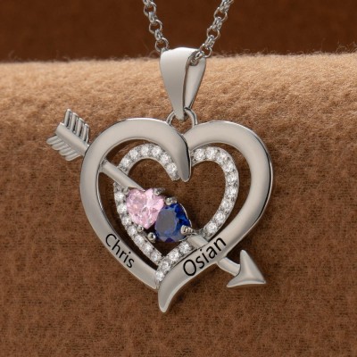 Collier personnalisé en forme de cœur avec noms de couple, avec pierres de naissance, cadeaux de saint-valentin
