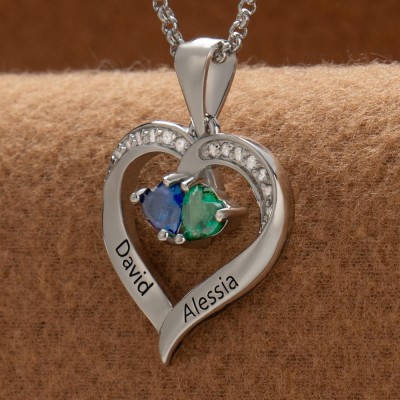 Collier personnalisé en forme de cœur avec noms de couple, avec pierres de naissance, cadeaux de saint-valentin