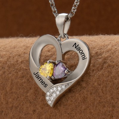 Collier personnalisé en forme de cœur avec noms de couple, avec pierres de naissance, cadeaux de saint-valentin