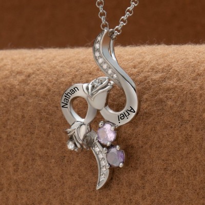 Collier de roses avec noms de couple personnalisés, avec pierres de naissance, cadeaux de saint-valentin
