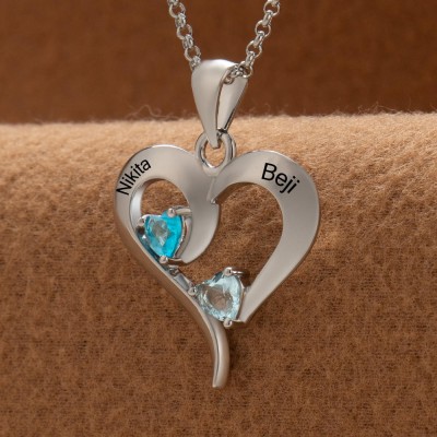 Collier personnalisé en forme de cœur avec noms de couple, avec pierres de naissance, cadeaux de saint-valentin