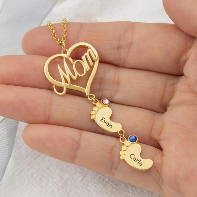 Collier de nom de pierre de naissance avec pendentif de pied de bébé coeur maman personnalisé avec 1-10 breloques