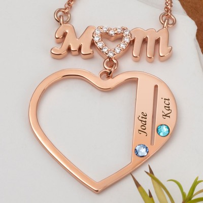 Collier Coeur Maman Personnalisé Avec Prénoms et Pierres de Naissance Enfants