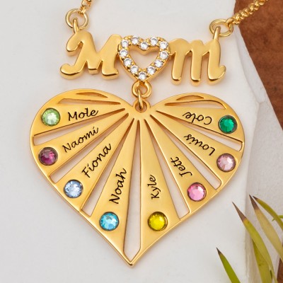 Collier Coeur de Maman Personnalisé avec Nom et Pierre de Naissance des Enfants