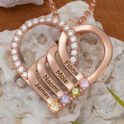 Collier coeur personnalisé avec noms et pierres de naissance pour cadeau de fête des mères