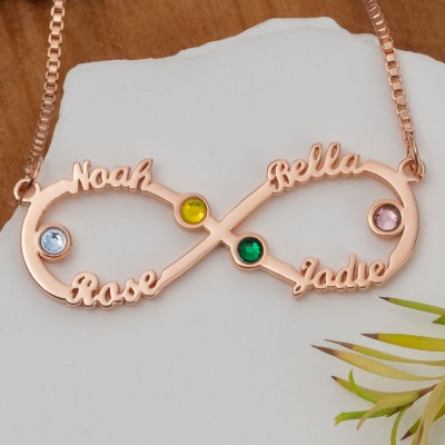 Collier infini personnalisé avec noms et pierres de naissance pour cadeau de fête des mères