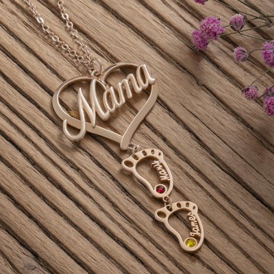  Collier de nom de pierres de naissance pendentif coeur de maman personnalisé avec 1-10 charmes de pieds de bébé creux