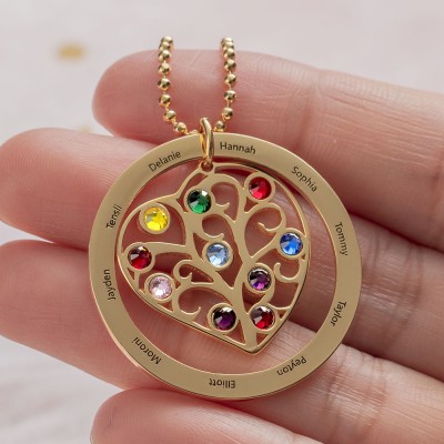 Collier personnalisé de nom de coeur de famille avec le cadeau de Noël de pierre de naissance