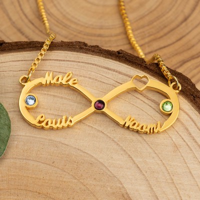 Collier infini personnalisé avec noms et pierres de naissance pour cadeau de fête des mères