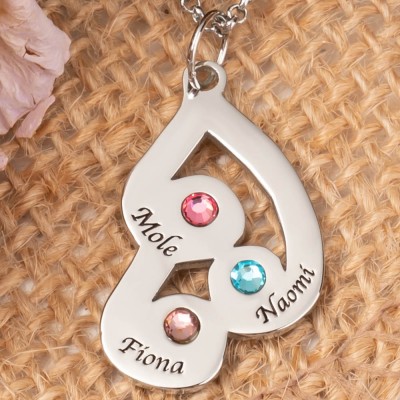 Collier Pendentif Famille Gravé Personnalisé avec 3 Prénoms et Pierres de Naissance Pour la Fête des Mères Noël