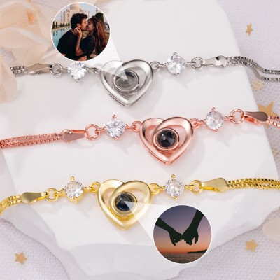 Bracelet à breloques en forme de cœur avec Projection de Photo personnalisé, pour Couple, âme sœur, idées cadeaux pour la saint-valentin