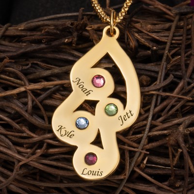 Collier Pendentif Famille Gravé Personnalisé avec 4 Prénoms et Pierres de Naissance Pour la Fête des Mères Noël