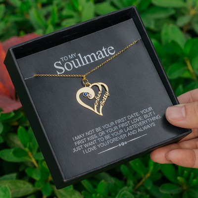 Colliers personnalisés de noms de couples de coeur avec la pierre de naissance à mon âme soeur