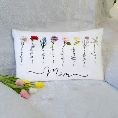 Custom Mom Pillow With Kids' Names & Birth Month Flowers For Mother's Day