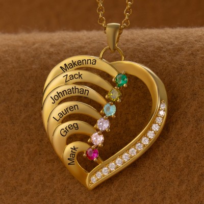 Collier coeur personnalisé avec 6 noms et pierre de naissance pour idées cadeaux d'anniversaire pour la fête des mères