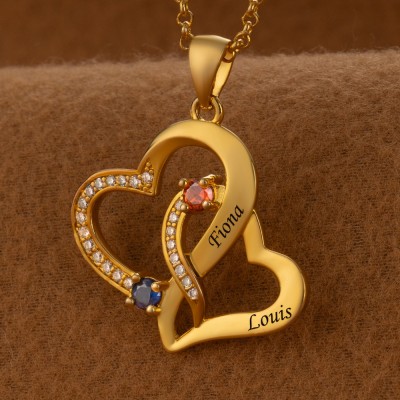 Collier personnalisé en forme de cœur avec noms de couple, avec pierres de naissance, cadeaux de saint-valentin