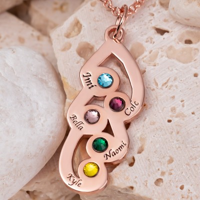 Collier Pendentif Famille Gravé Personnalisé avec 5 Prénoms et Pierres de Naissance Pour la Fête des Mères Noël