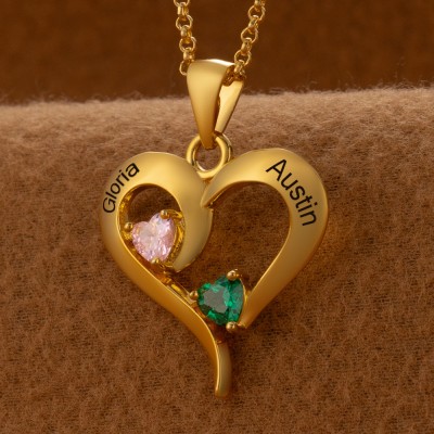 Collier personnalisé en forme de cœur avec noms de couple, avec pierres de naissance, cadeaux de saint-valentin