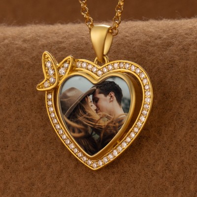 Collier Photo Coeur Personnalisé Avec Papillon Cadeaux De Saint Valentin