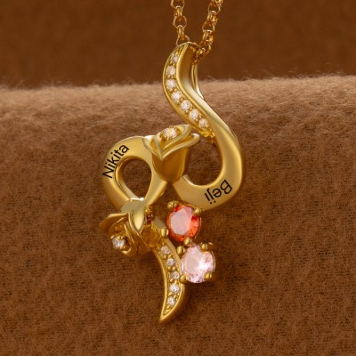 Collier de roses avec noms de couple personnalisés, avec pierres de naissance, cadeaux de saint-valentin