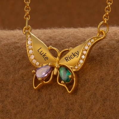 Collier papillon personnalisé avec noms de couple, avec pierres de naissance, cadeaux de saint-valentin