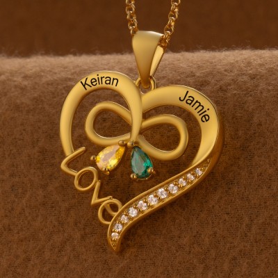 Collier personnalisé en forme de cœur avec noms de couple, avec pierres de naissance, cadeaux de saint-valentin