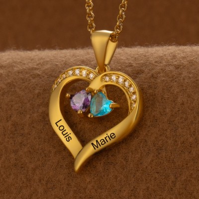 Collier personnalisé en forme de cœur avec noms de couple, avec pierres de naissance, cadeaux de saint-valentin
