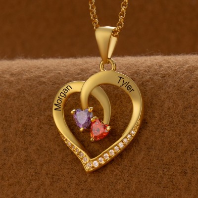 Collier personnalisé en forme de cœur avec noms de couple, avec pierres de naissance, cadeaux de saint-valentin