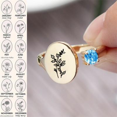 Bague fleur de naissance personnalisée avec pierre de naissance