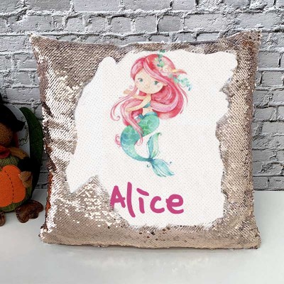 Cadeau d'anniversaire personnalisé de fille de sirène d'oreiller de nom de sequin