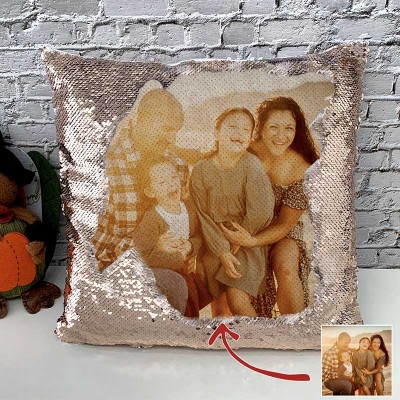 Oreiller photo à paillettes personnalisé pour la famille