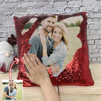 Oreiller photo personnalisé à paillettes rouges pour les couples Saint Valentin