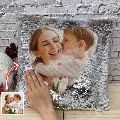 Oreiller photo personnalisé à paillettes argentées pour la fête des mères
