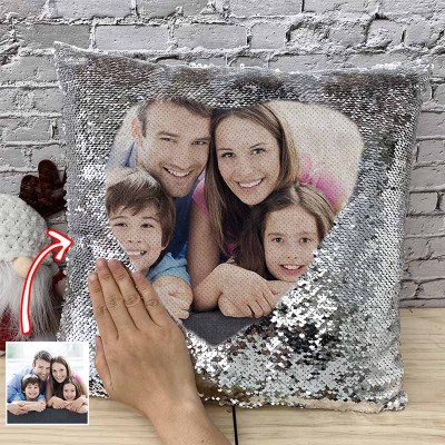 Oreiller photo à paillettes argentées personnalisé pour la famille