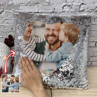 Oreiller photo personnalisé à paillettes argentées pour la fête des pères de papa