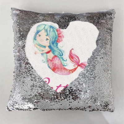 Cadeau d'anniversaire de fille de sirène d'oreiller de ruban de nom de sequin personnalisé