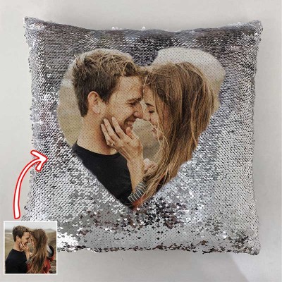 Oreiller photo personnalisé à sequins argentés pour les couples Saint Valentin