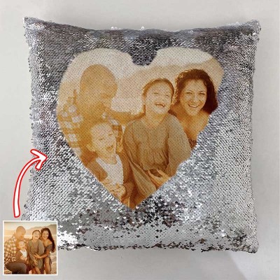 Oreiller photo à paillettes argentées personnalisé pour la famille