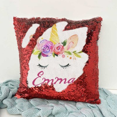 Cadeau d'anniversaire de licorne d'oreiller rouge de nom de sequin personnalisé pour des filles