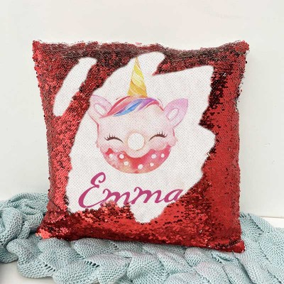 Cadeau d'anniversaire de fille d'oreiller rouge de nom de sequin personnalisé